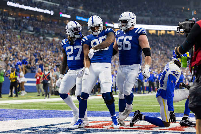 Oct 1, 2023; Indianapolis, Indiana, USA; Indianapolis Colts tight end Drew Ogletree (85) celebrates his touchdown with teammates in the second half against the Los Angeles Rams at Lucas Oil Stadium.